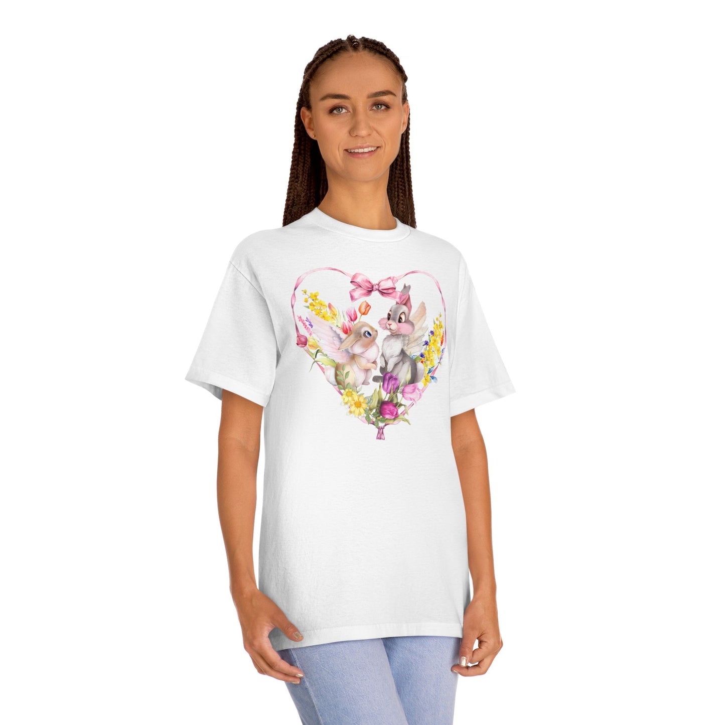 Vintage Pink Bunny Heart-Shaped Bow Graphic - Classic Tee