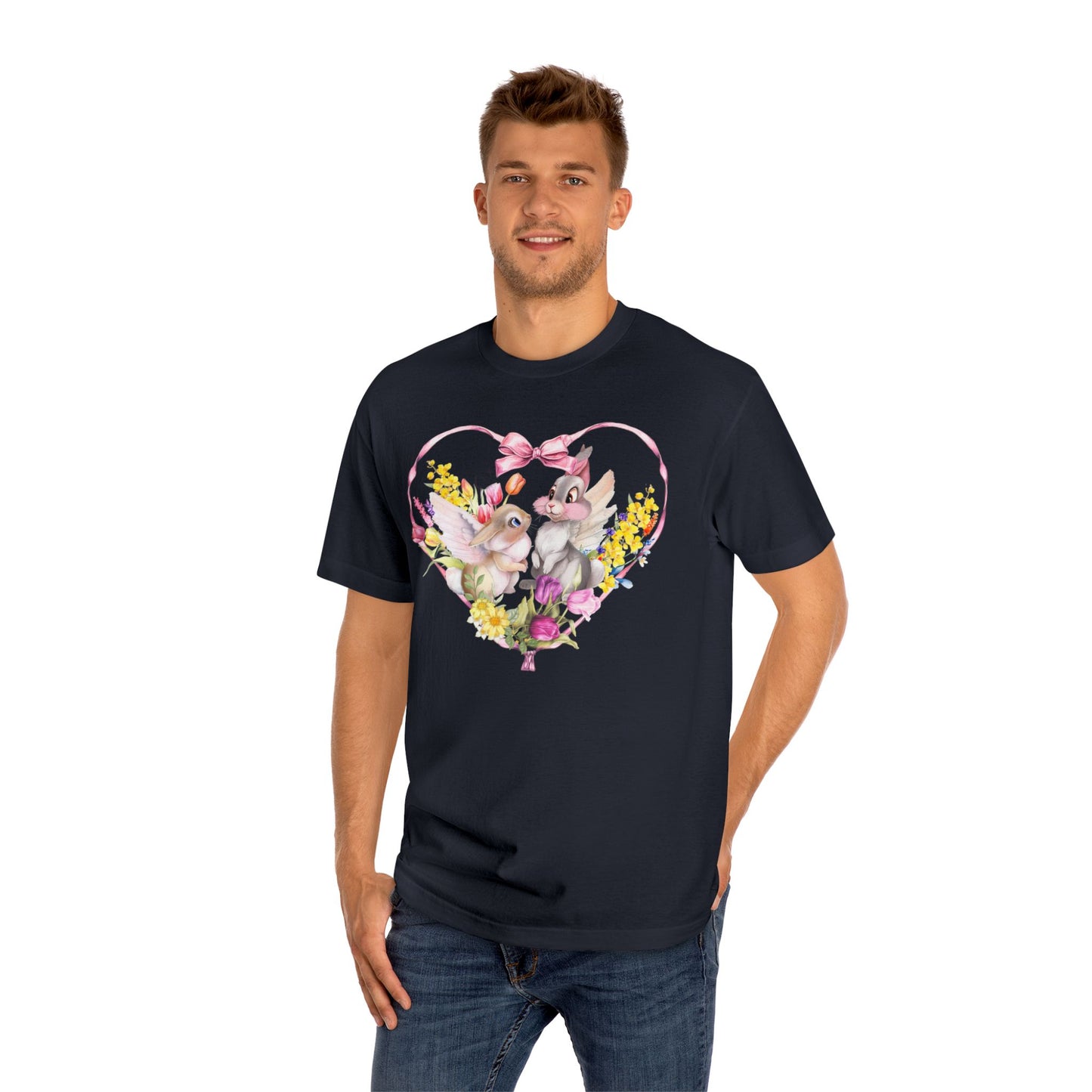 Vintage Pink Bunny Heart-Shaped Bow Graphic - Classic Tee